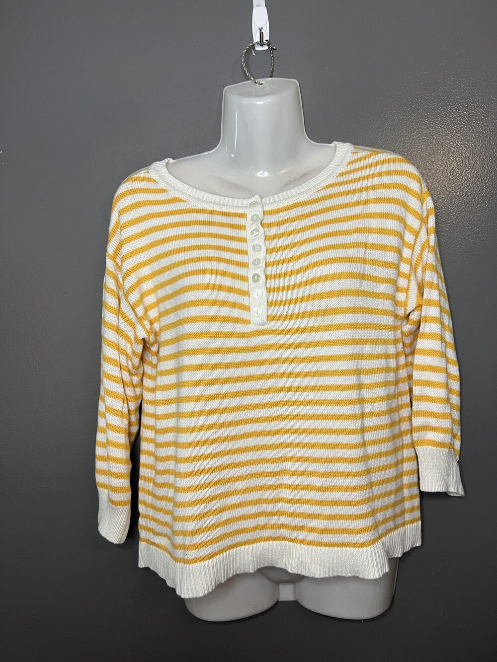 Candace Cameron Bure Sweater Womens XXS Yellow White Stripe Henley Knit Top